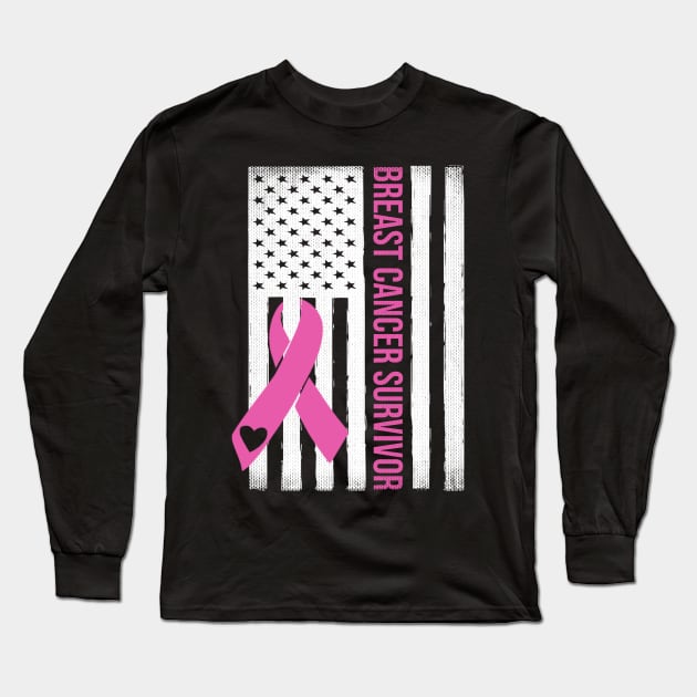 Breast Cancer Survivor USA Flag Breast Cancer Awareness Month Long Sleeve T-Shirt by nadinecarolin71415